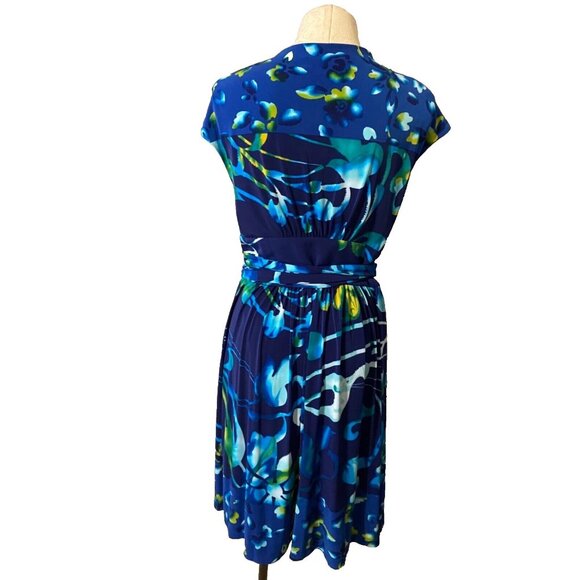 Jones New York Dress Blue Green Yellow 10 Stretch Wrap Floral Career Church - Picture 5 of 7